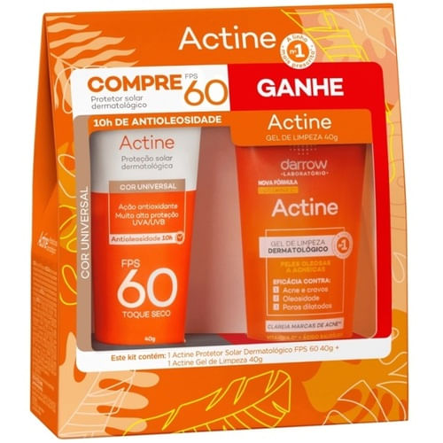 Kit Darrow Actine Protetor Solar FPS60 Toque Seco Com Cor 40g + Gel de Limpeza 40g