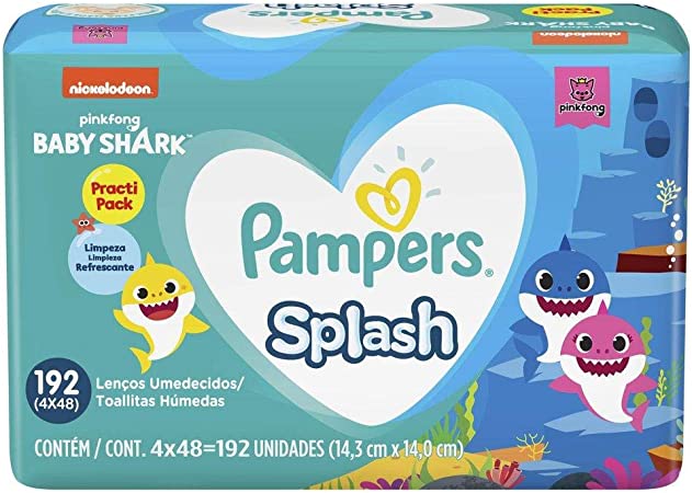 Pack Lenço Umedecido Baby Shark Pampers Splash Pacote 4 Unidades