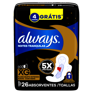 Absorvente Always Noites Tranquilas Cobertura Suave XG com Abas 26 Unidades