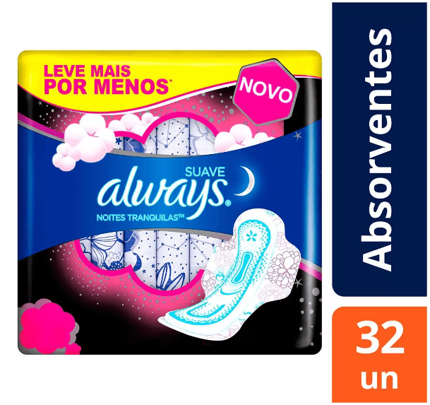 Absorvente Always Noites Tranquilas Cobertura Suave com Abas 32 Unidades