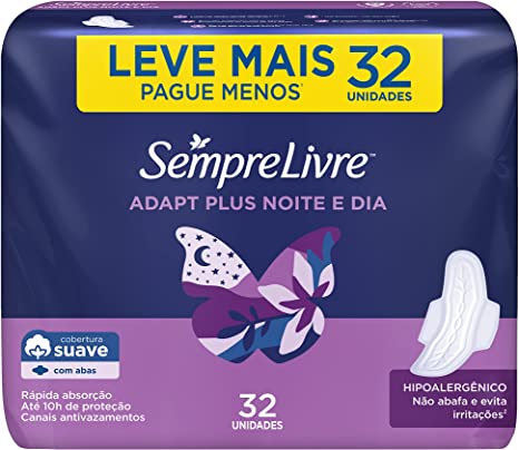 Absorvente Sempre Livre Adapt Plus Noite e Dia Com Abas Suave, Leve 32 Pague 24