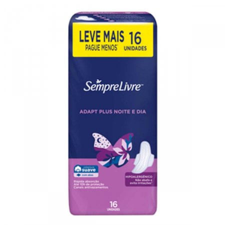 Absorvente Adapt Plus Noite e Dia Cobertura Suave Sempre Livre C/abas 16 Unidades