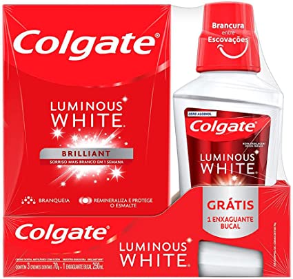 Creme Dental Colgate Luminous White 3 Unidades com 70g + Grátis Enxaguante Bucal