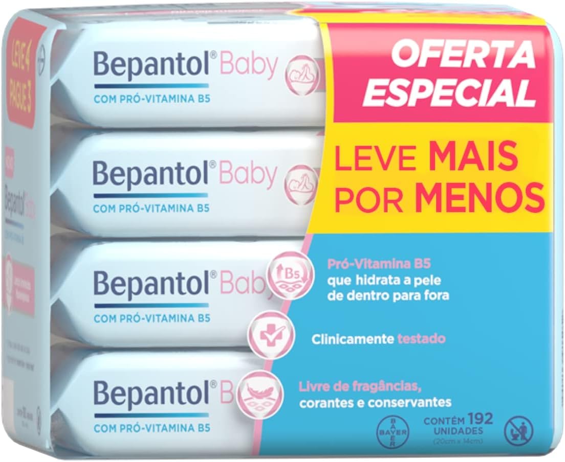 Kit Bepantol Baby Lenços Umedecidos com 192 unidades, Leve 4 Pacotes e Pague 3