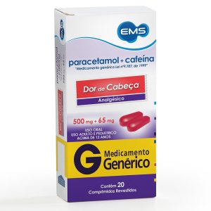 Paracetamol + Cafeína 500mg + 65mg Comprimido Revestido - Caixa com 20 Comprimidos