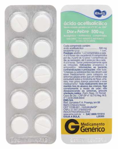 Ácido Acetilsalicílico 500mg Comprimido - Blíster com 10 Comprimidos