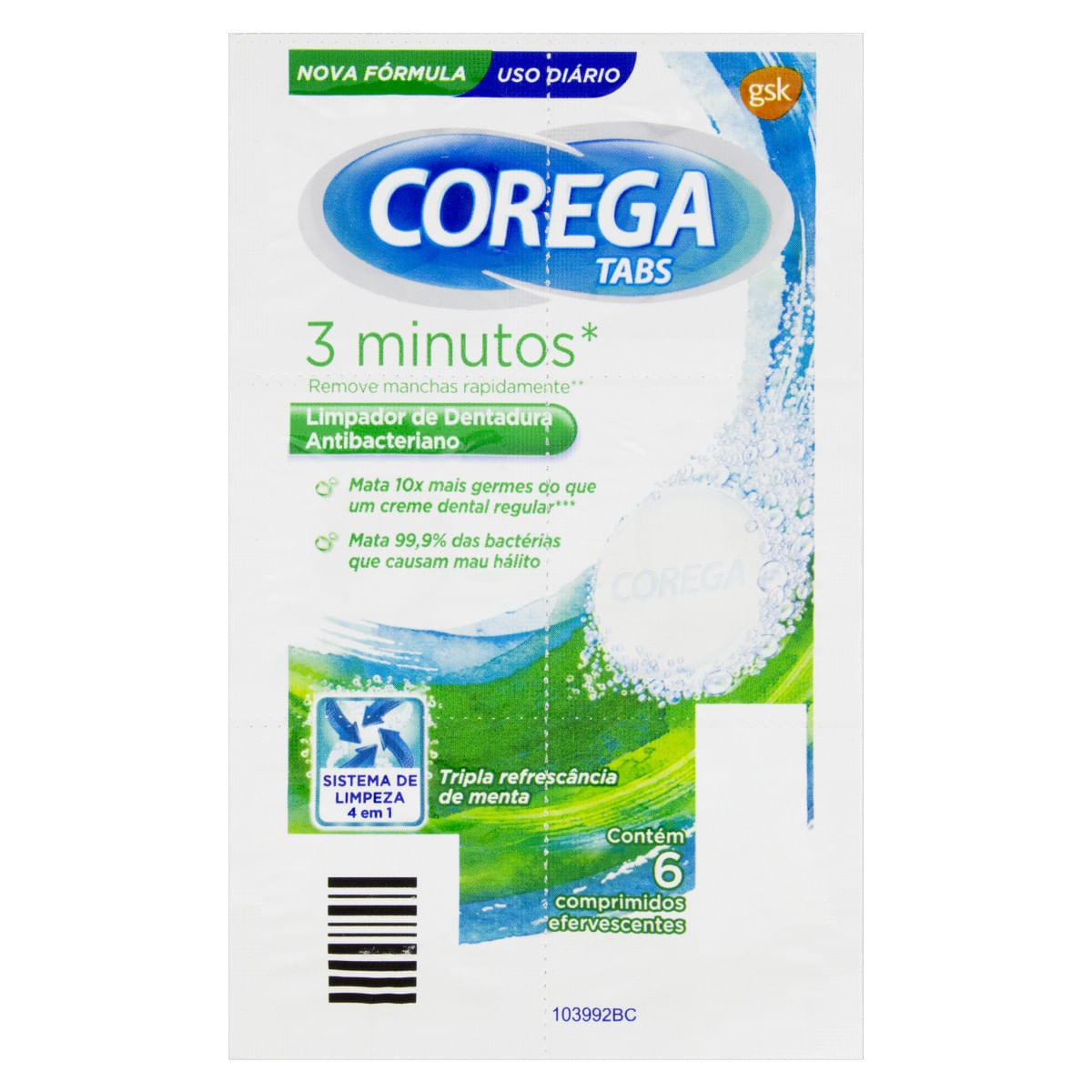 Limpador de Dentadura Menta Corega Tabs Cartela 6 Comprimidos