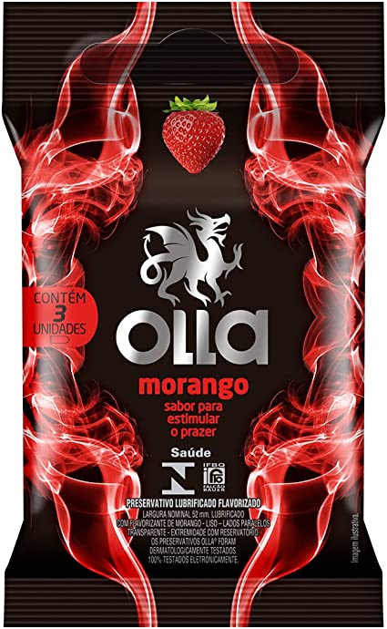 Preservativo Olla Lubrificado Morango, 3 Unidades