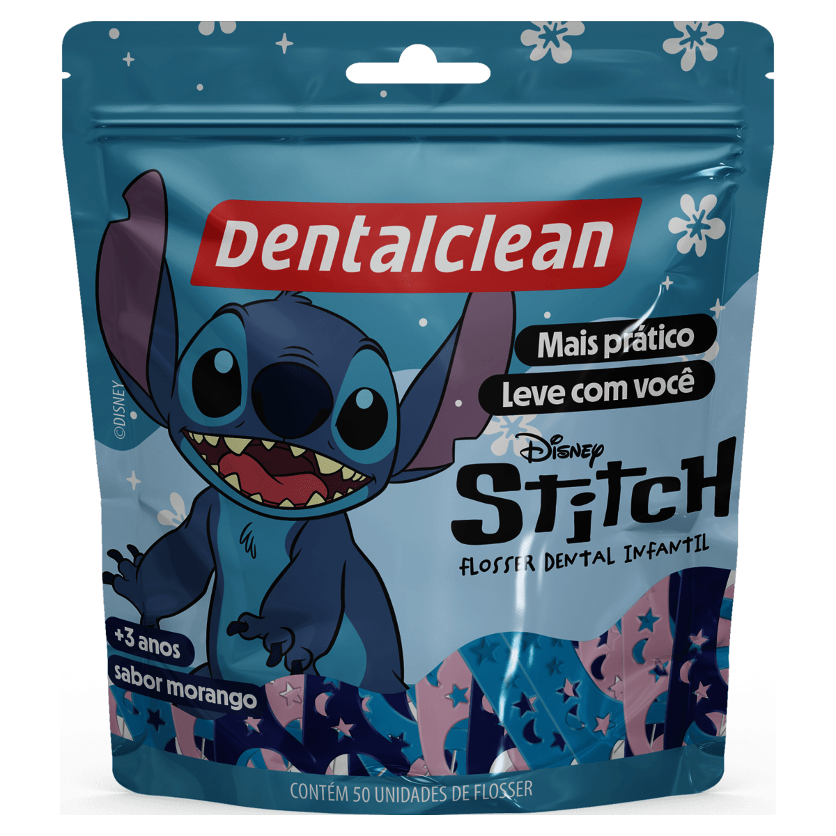 Dentalclean Fio Dental Stitch Flosser Infantil Sabor Morango 50 Unidades